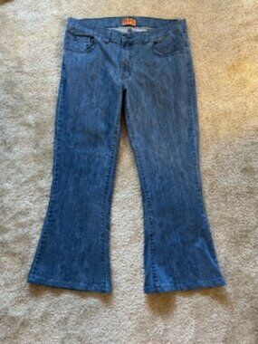 Run & Fly Blue Denim Paisley Print Bell Bottom Flares — Size 34/16
